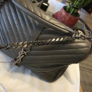 Saint Laurent Grey Quilted Leather Shoulder Bag with Chain and YSL Charm